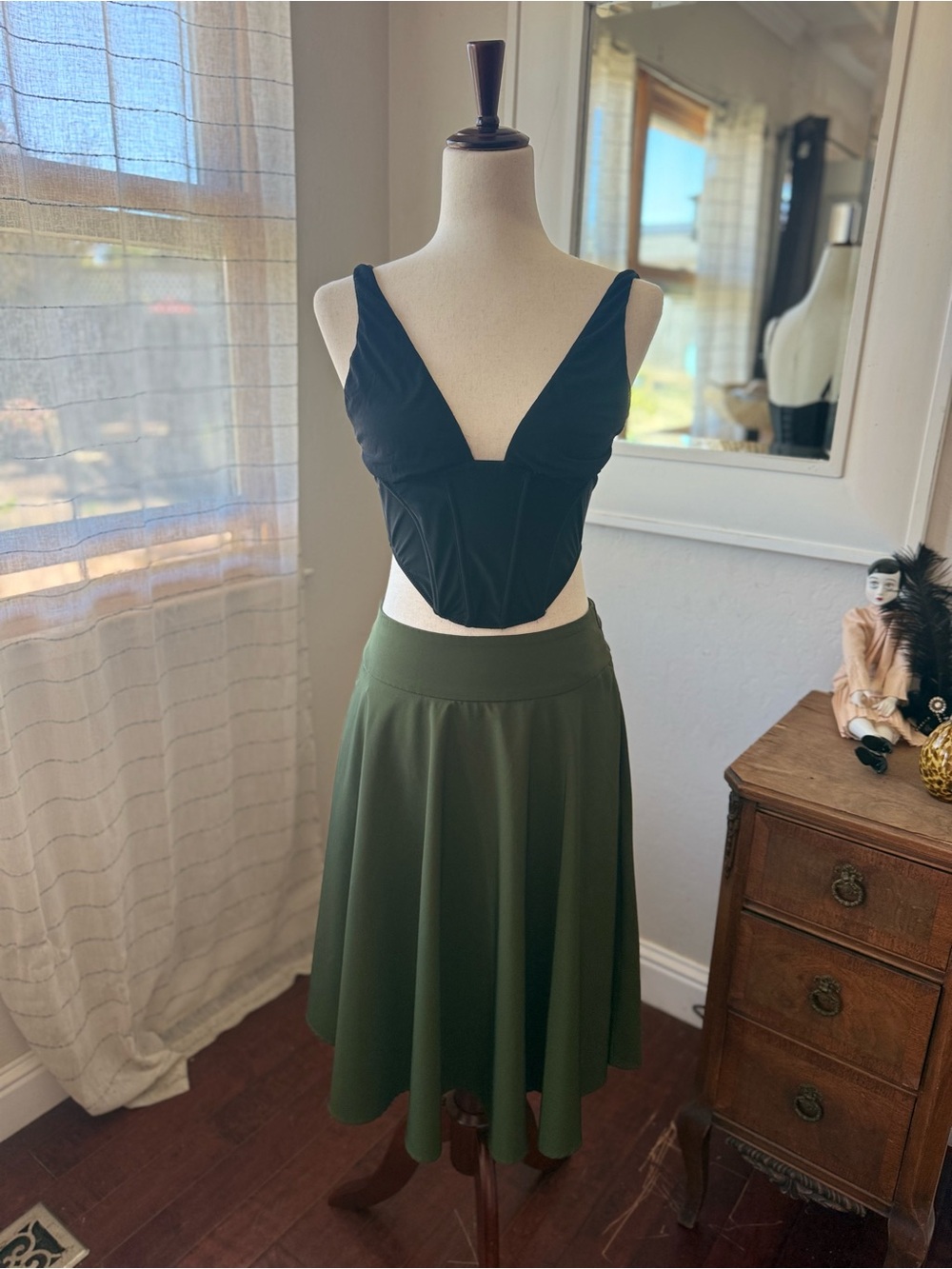 Women's Olive Green A-Line Skirt/ Black  Boned  Corset Top Set